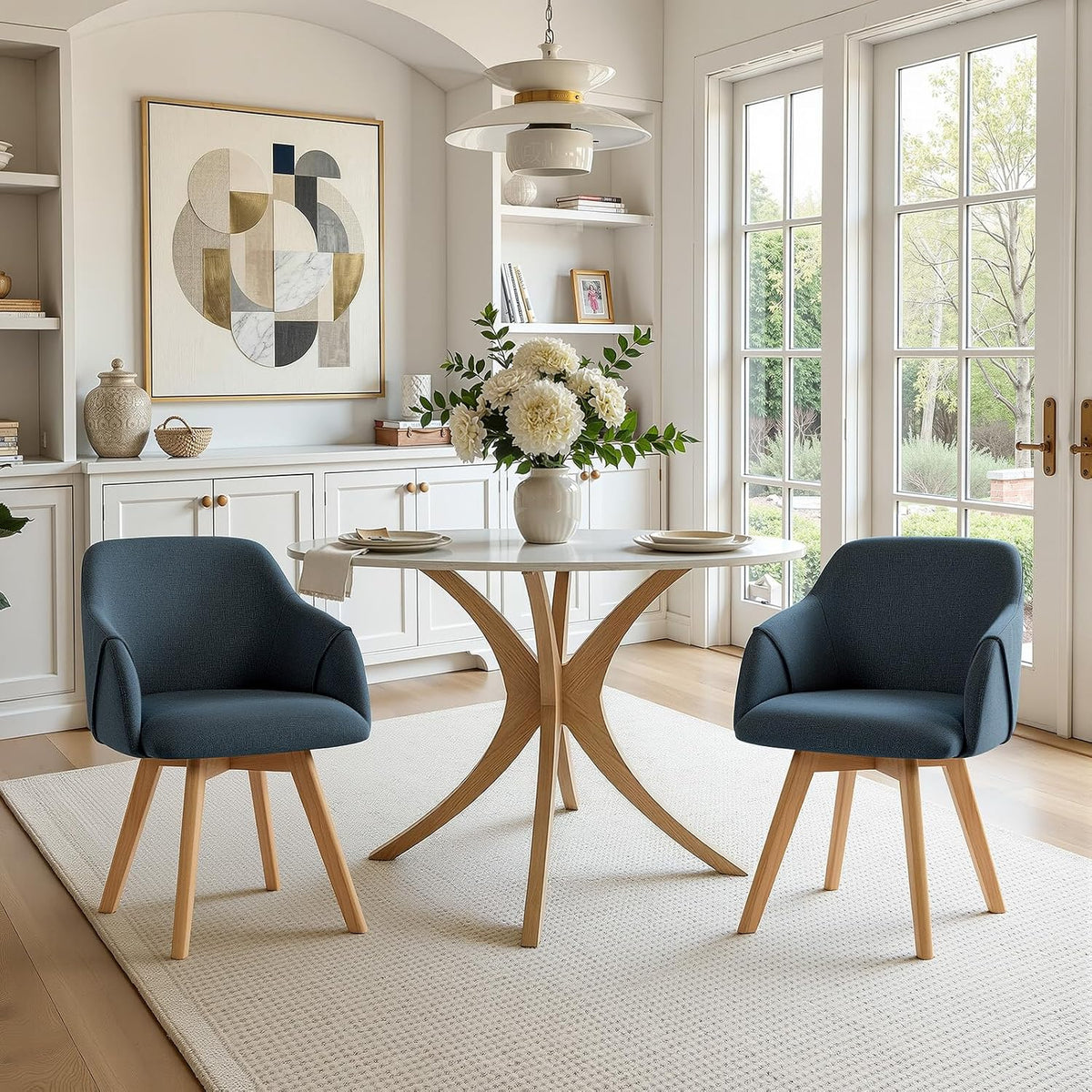 Swivel Dining Chairs Set of 2, Mid Century Modern Dining Chairs with Arms and Wood Legs, Linen Fabric Upholstered Kitchen Chairs for Dining Room Living Room, Comfortable Widen Seat, Blue