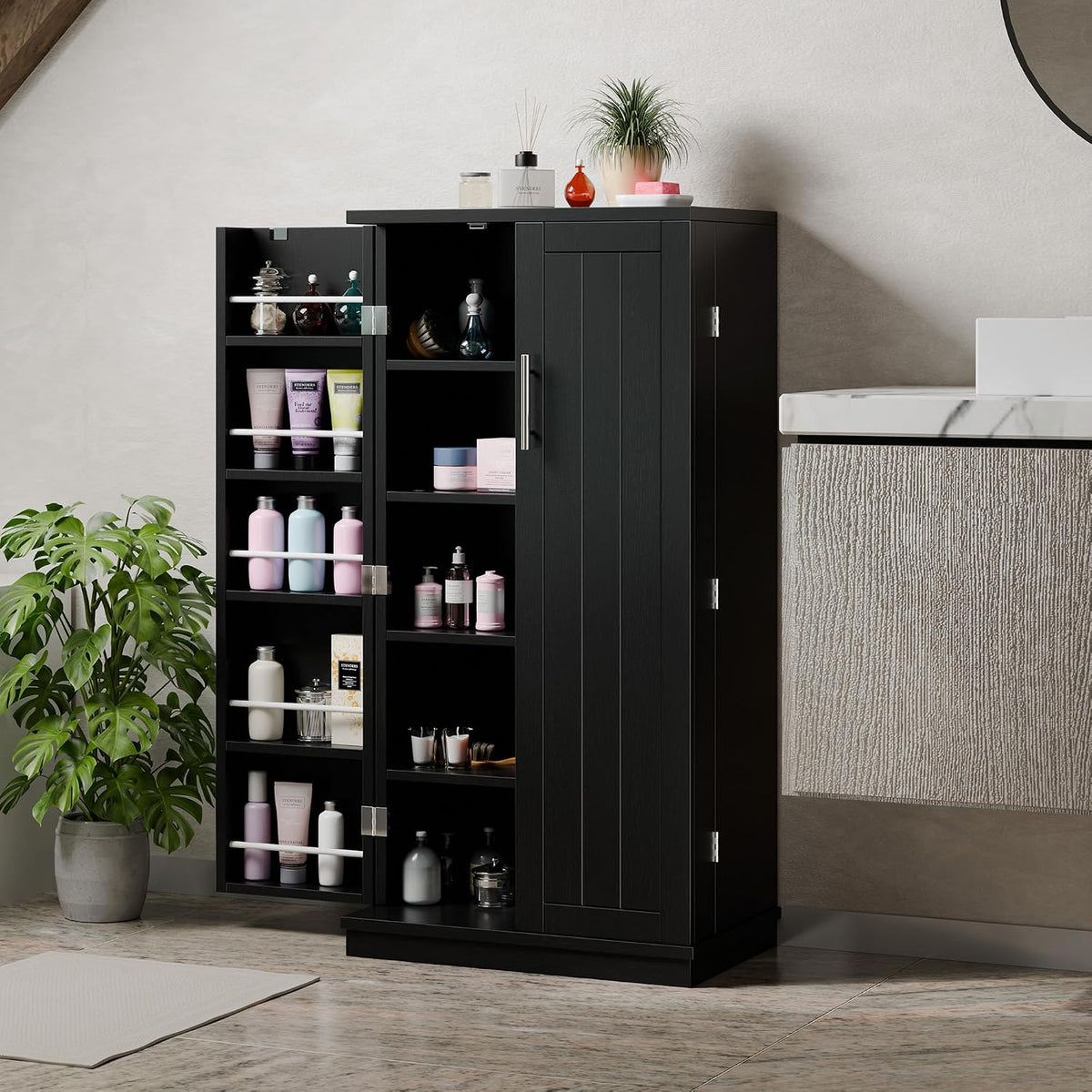 Shintenchi 47'' Kitchen Pantry Cabinet, 5-Layer Storage Cupboard, Black | Adjustable Shelves, for Organizing and Storing Food Items, Versatile Buffet Sideboard, for Kitchen, Bathroom and Laundry