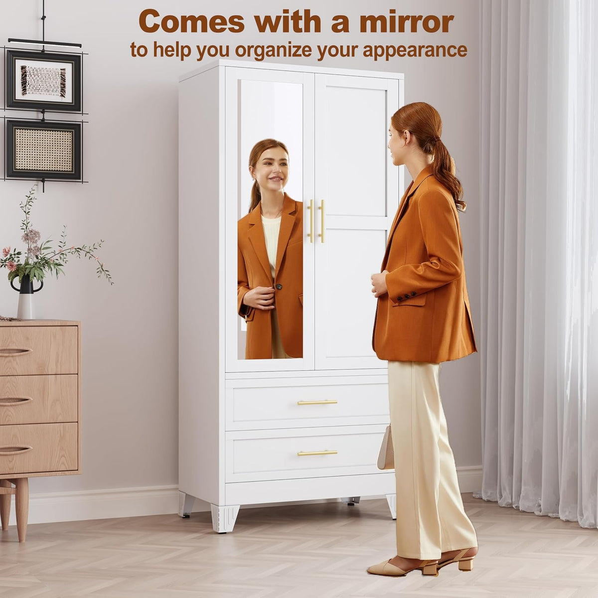 RIETERN Metal Armoire Wardrobe Closet, 71" Tall Bedroom Closet with Mirror | 2 Drawers, Adjustable Shelves, and Hanging Rod, Steel clothes closets and Storage, for Bedroom White