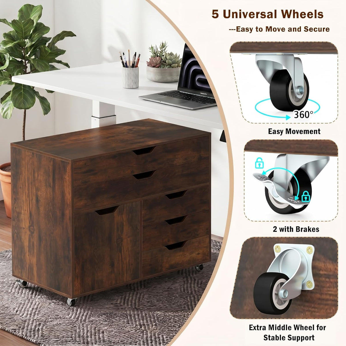 POWERSTONE Rolling File Cabinet 5-Drawer & One Side Door Storage Unit, Wood Printer Stand Drawer Cabinet with 5 Metal Wheels(2 Self-Locking) for Home Office, Coffee