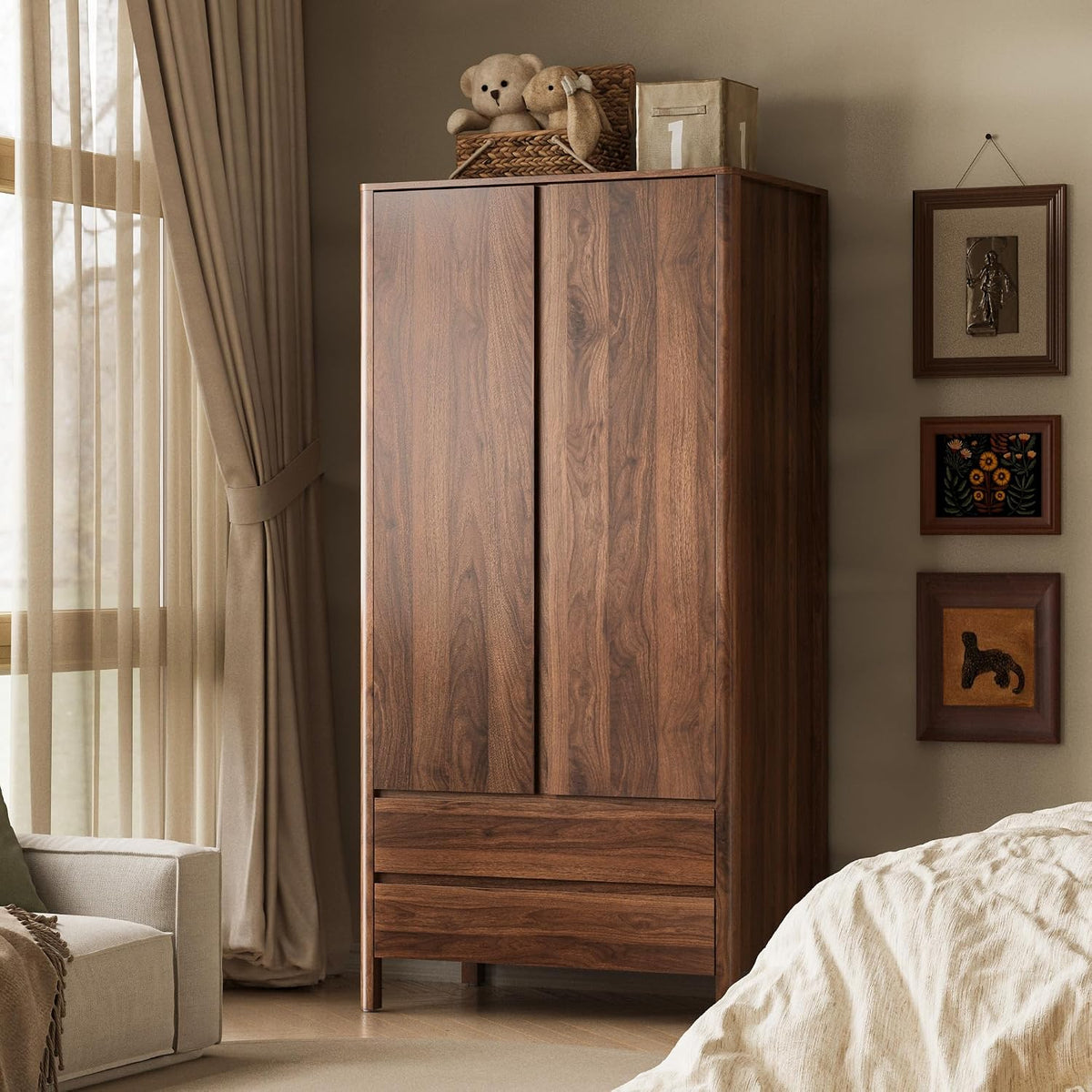 MAISONARIA Wardrobe with 2 Doors and 2 Drawers, 70.9”H Modern Walnut Bedroom Armoire Closet with Hidden Handles, Freestanding Wooden Storage Cabinet for Clothes and Essentials