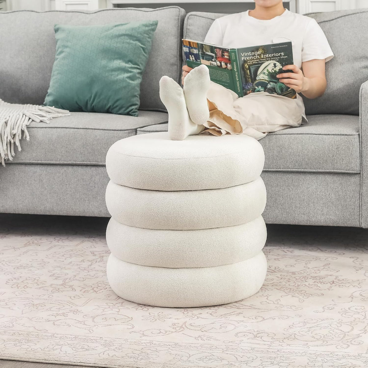 Asense Round Storage Ottoman,Footstool with Removable Lid, Vanity Stool, Modern Upholstered Footrest for Bedroom Living Room Entryway