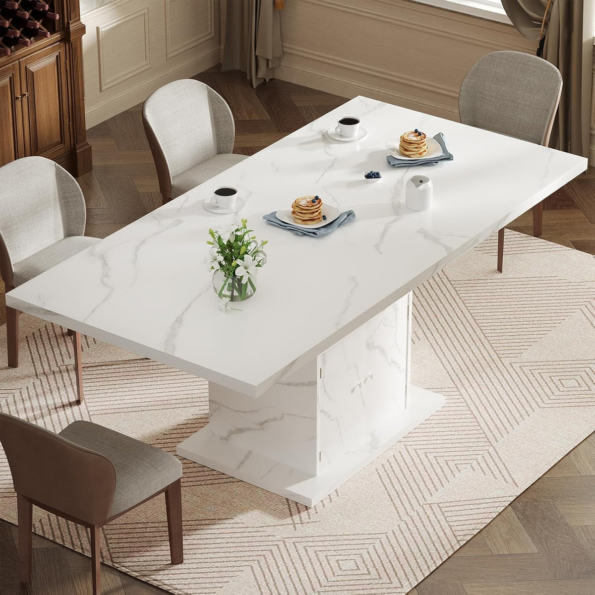 Extendable Dining Room Table for 4-6, 47-63 Inch Faux Marble Extendable Dining Table, Modern Expandable Rectangle Kitchen Dining Table with Storage for Kitchen Living Room