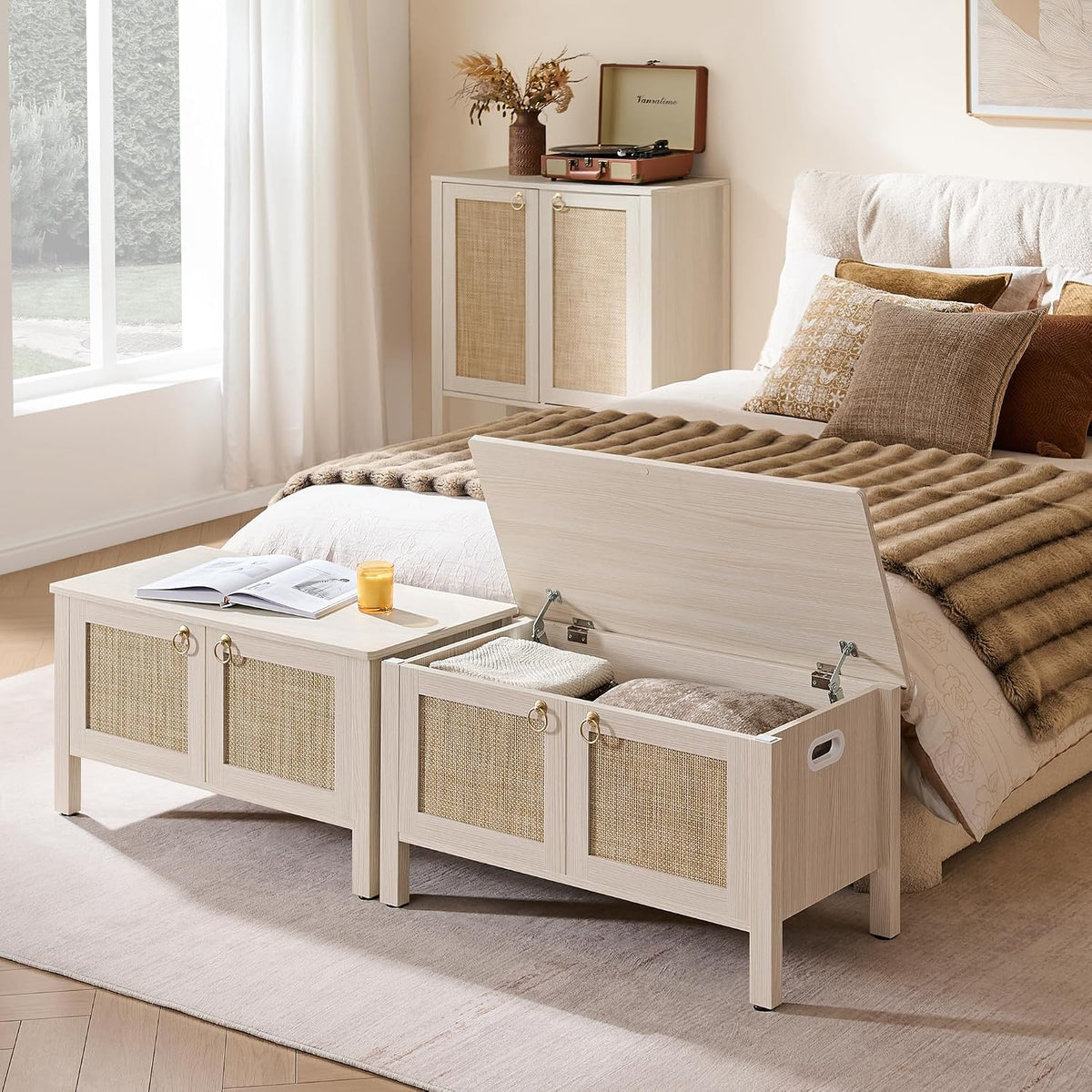 SICOTAS Rattan Shoe Rack Bench with Lift Top Storage: White Farmhouse Boho Shoe Cabinet Entryway Bench with Safety Hinges, Wooden Storage Chest for Bedroom, Entryway, Hallway, Living Room