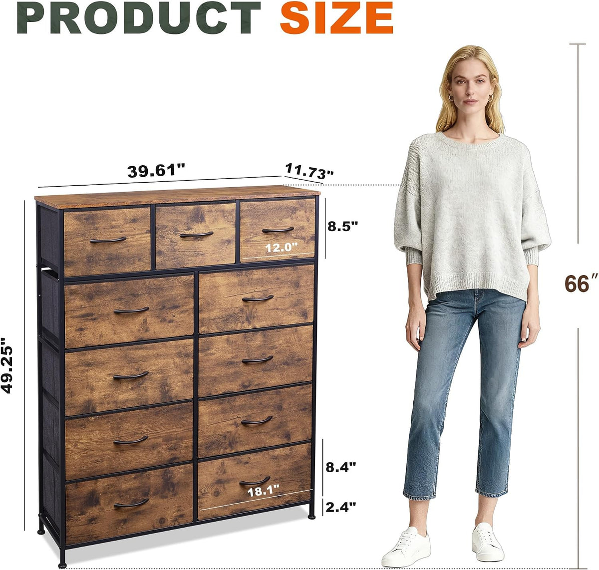 Tall Console Table with 11 Fabric Drawers, Rustic Brown | 11 Fabric Drawers, Entryway Table with Storage, Wood Top, Steel Frame