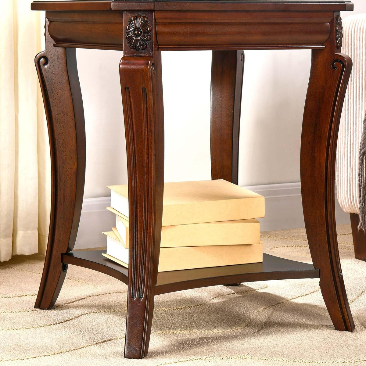 PADMA HOUSE Traditional Wood End Table with Storage Shelf, Square Solid Wood Sofa Side Table with Curved Legs, 2-Tier Wooden Bedside Tables in Cherry for Living Room,19.7 * 19.7 * 23.8in