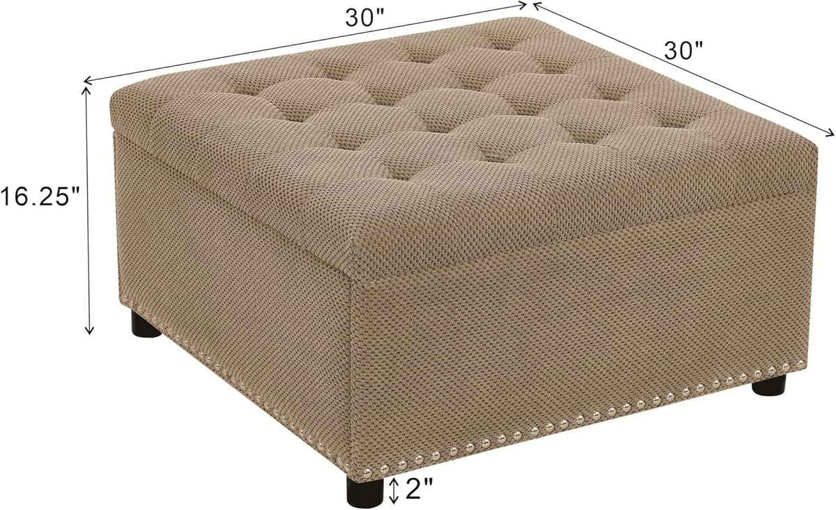 Oversized Square Ottoman with Storage for Living Room, Upholstered Fabric Tufted Footstool with Storage, Mid Century Modern Ottoman Foot Rest for Chair, Camel