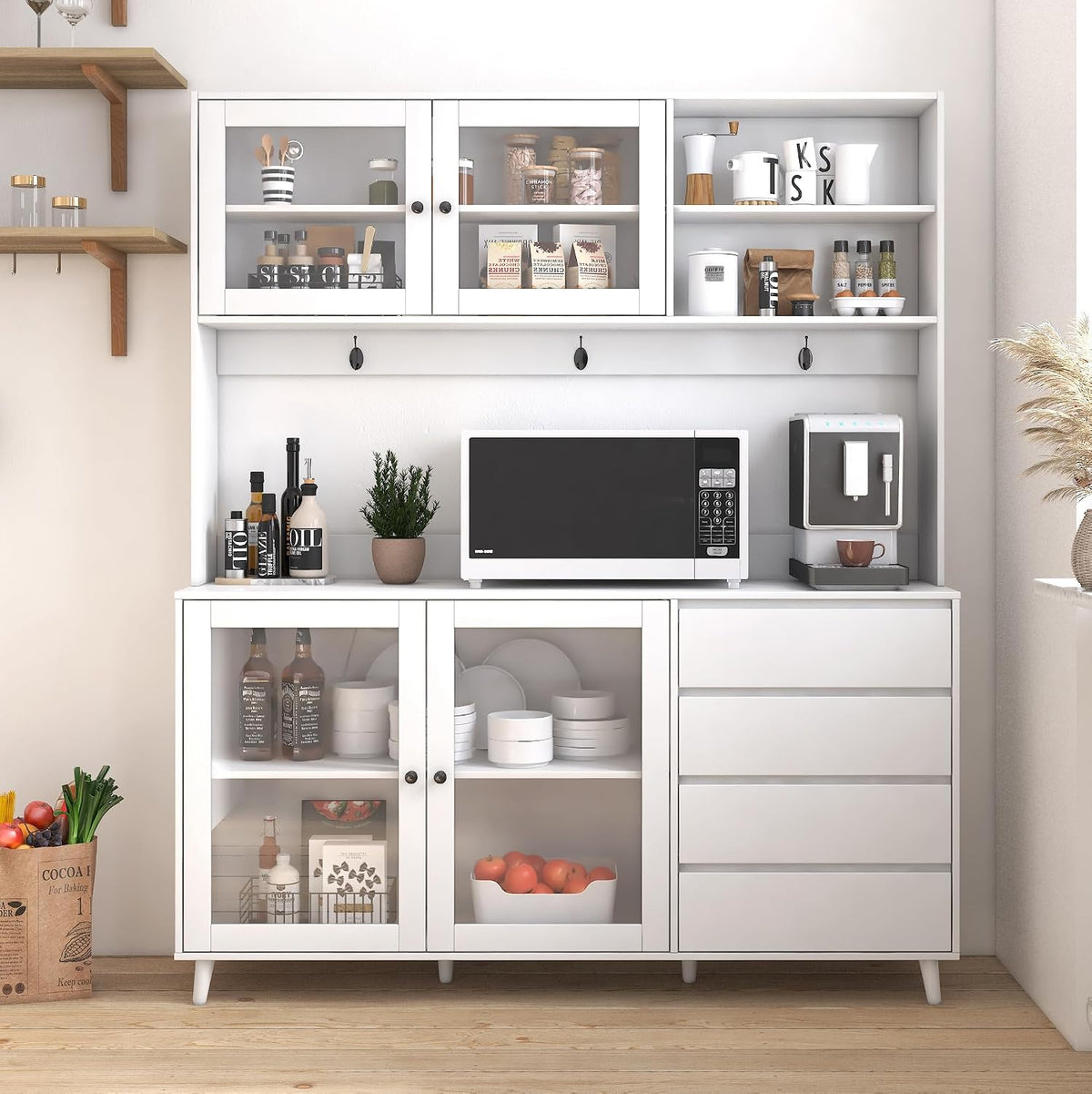 Large Freestanding Hutch Cabinet, Tall Pantry Storage with 4 Doors, 4 Drawers and Microwave Shelf, White Standing Kitchen Cupboard for Dining Room and Kitchen Organization (White)