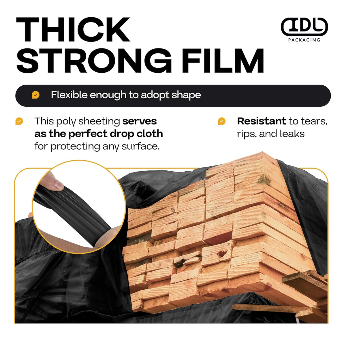 Black Construction Plastic Sheeting 6 mil, 10' x 100' (1000 sq. ft.) - Heavy Duty Plastic Cover for Construction & Painting - LDPE Film Roll - Heavy Duty Plastic Sheeting Roll by IDL Packaging