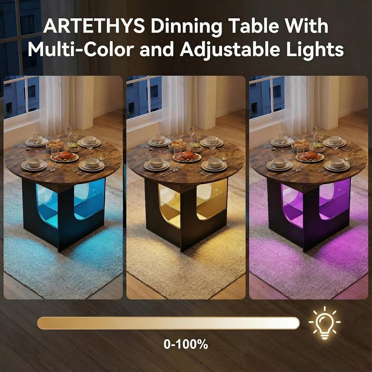 ARTETHYS 43.3"-59" Extendable Round Dining Room Table for 4-8 with Lights Oval Modern Table with Hidden Leaf and Glass Storage Shelf for Kitchen Living Room, Rustic