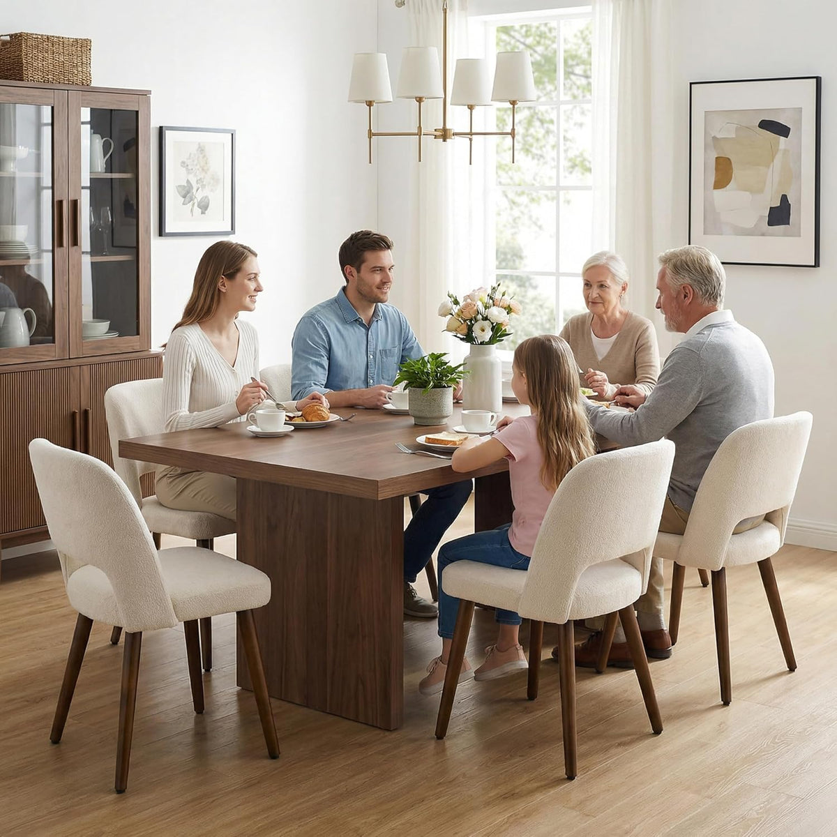 Usaint Wooden Dining Chairs Set of 4, 19.3" Modern Fabric Upholstered Dining Room Chair with Ergonomic Curved Backrest for Kitchen Dining Room and Restaurant, Beige