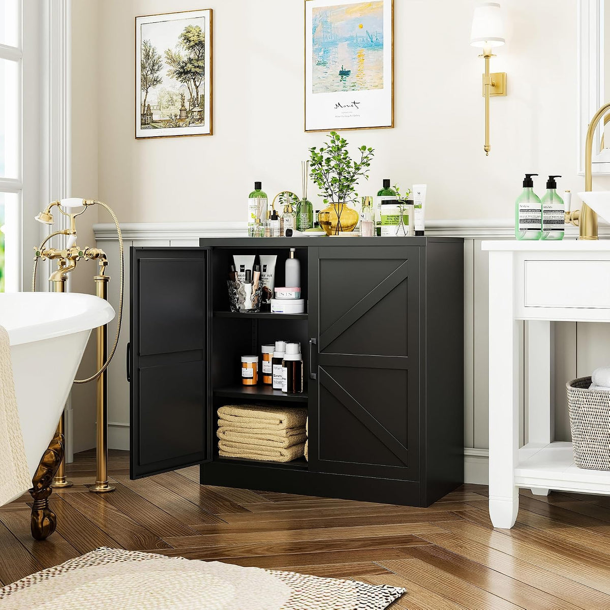 36" Metal Storage Cabinet, Farmhouse Kitchen Pantry Cabinet with Doors and Adjustable Shelves, Sideboard Buffet Cabinet,Short Storage Cabinets for Dining/Bathroom/Living/Room,Entryway, Black