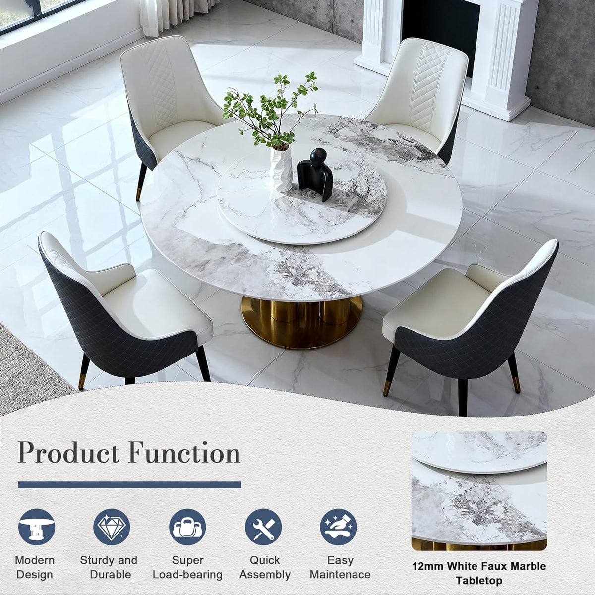 Montary 9 Piece Modern Dining Table Set of 8, Round 59" D Faux Marble Kitchen Table with Lazy Susan, Sintered Stone and Metal Dining Room Table with 8 Dining Chairs, for Home, Living Room