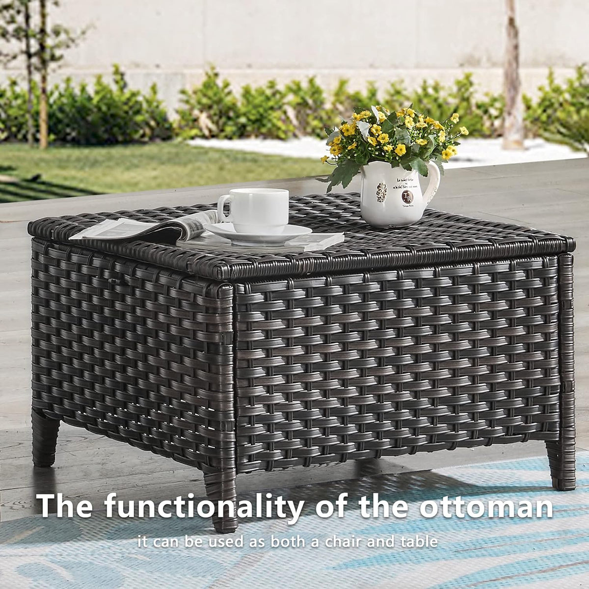Rilyson Luxury Outdoor Wicker Patio Ottomans Set of 2, 250 lbs Capacity Rattan Large Ottomans for Patio Footrest Set 22.8in*22.8in*14in with 3.5in Thick Cushion (Brown/Beige)