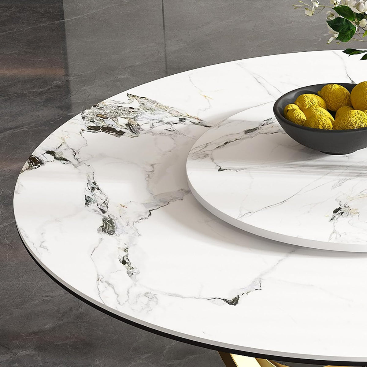 Modern Marble Dining Table, 59" Round Sintered Stone Table for Dining Room, Kitchen, Compact Space w/Stainless Steel Gold Base, Detachable Lazy Susan