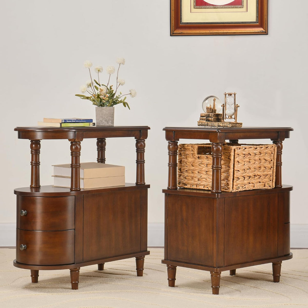 Narrow End Table with 2 Storage Drawers, Retro Vintage Sofa Beside Table, Wood Slim Telephone Table for Living Room,Saving-space, 23.4“L x 11.4"W x 25.3"H, No-Tools Assembly, Cherry Walnut BG-A508-CY