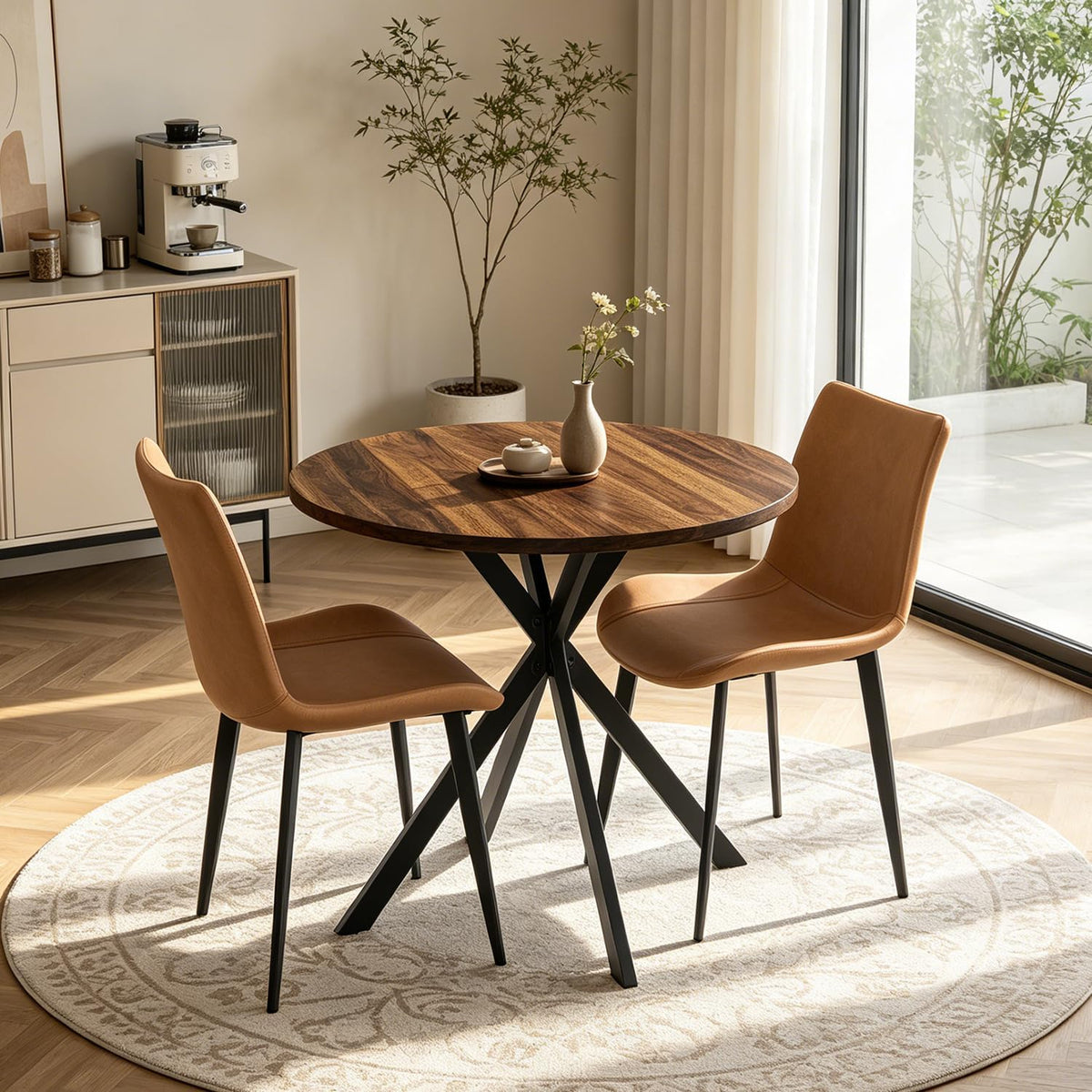 31.5" Round Dining Table and Chairs Set for 2, Small Dining Table Chairs Set Space-Saving, Small Dinette Sets for 2 for Kitchen Dining Room Apartment(Walnut Table + Brown Chairs)