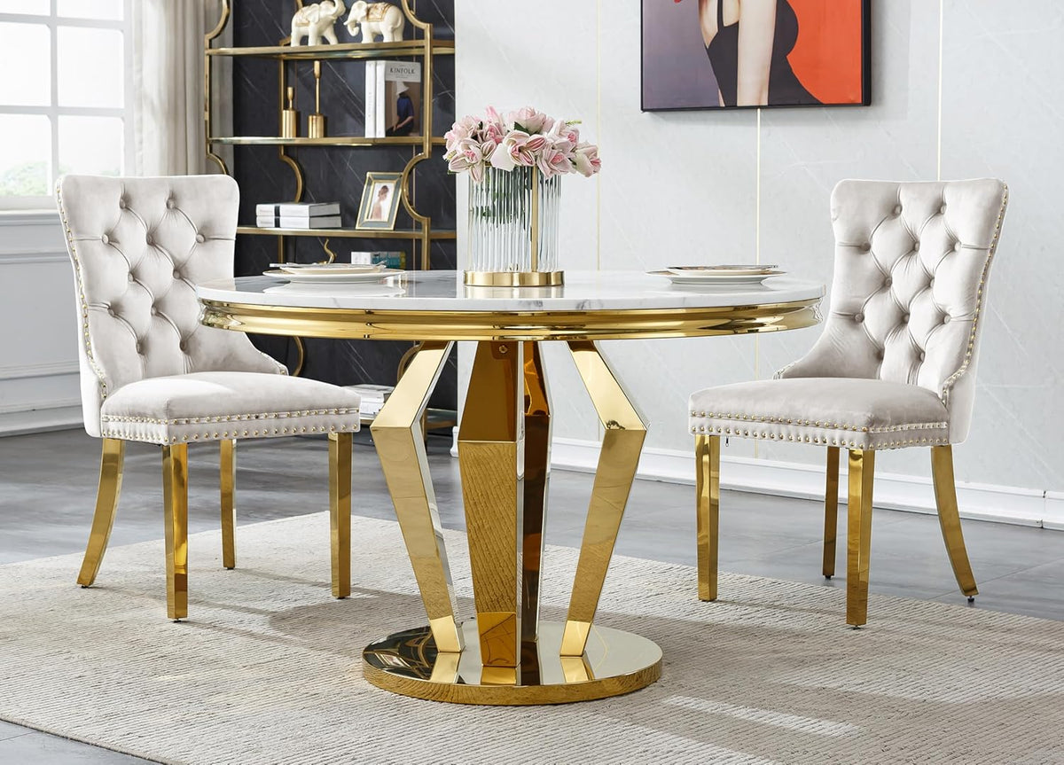 44.88" Round Dining Table Set, Luxury Diamond-Shape Dining Room Table with Faux Marble Top & 4 Beige Tufted Velvet Chairs, White&Gold Circle Kitchen Table and Chairs Set with Stainless Steel Base