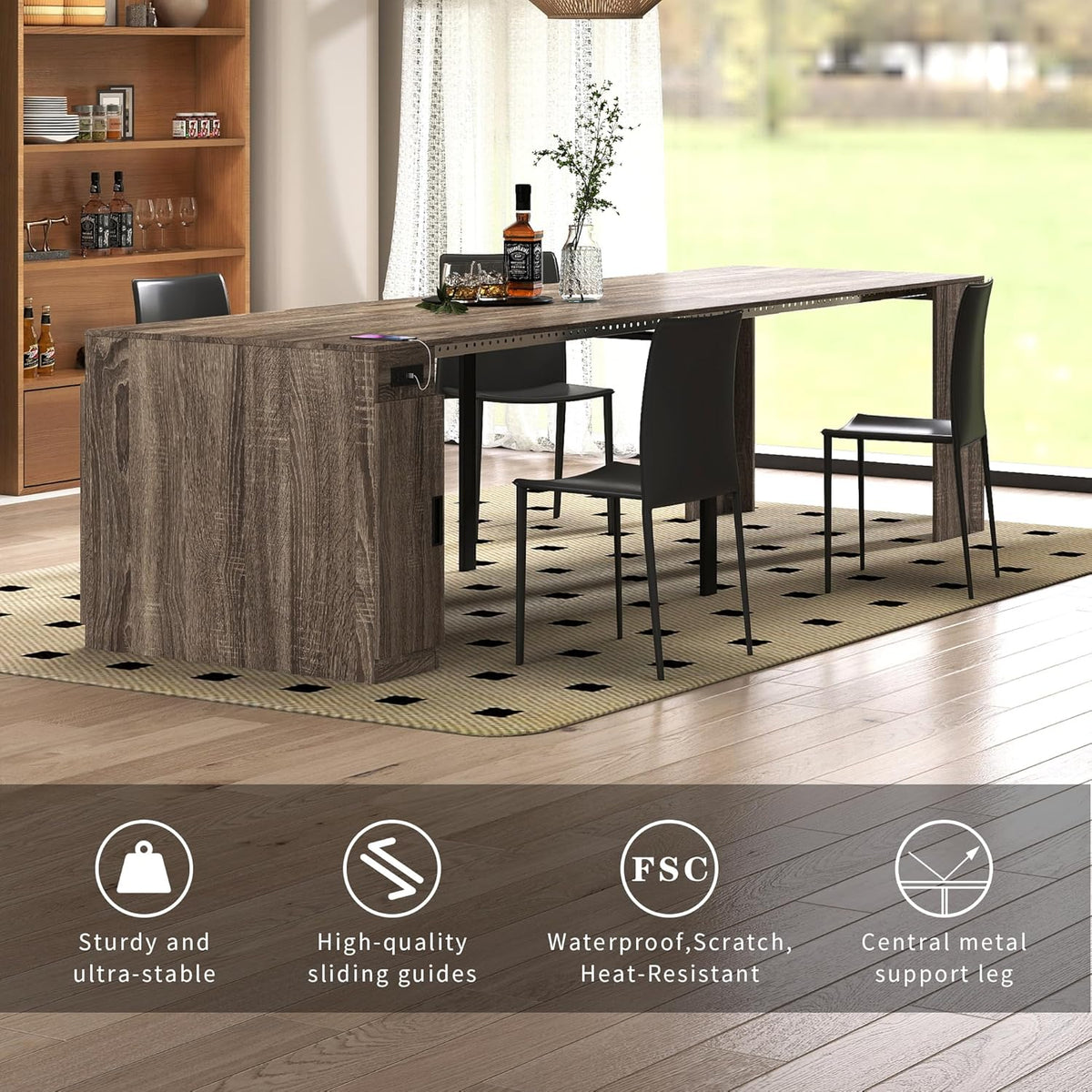 Extendable Dining Table with Storage, Transformer Extra Console Table for 1-12 People, Folding Space Saving Dining Room Table with Built-in Outlet for Homes, Apartments, Oak