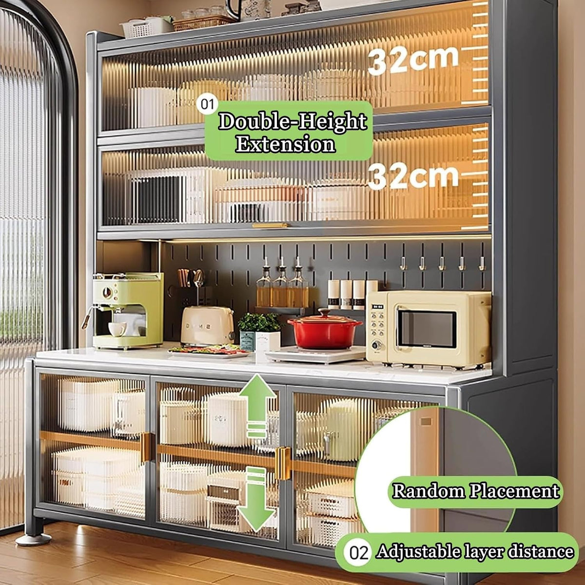 JKGHK Kitchen Pantry Storage Cabinet, Kitchens Baker's Rack with Acrylic Cabinet Door, Buffet Cabinets On Wheels with Pegboard, for Garage Pantry Home Spices(White,47x69in)