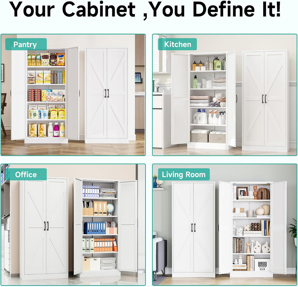 SISESOL 61" Tall Pantry Cabinet,Farmhouse Kitchen Pantry Storage Cabinets with 2 Doors and 5 Shelves,White Metal Storage Cabinet,Large Cupboard for Home,Kitchen,Dining/Living Room