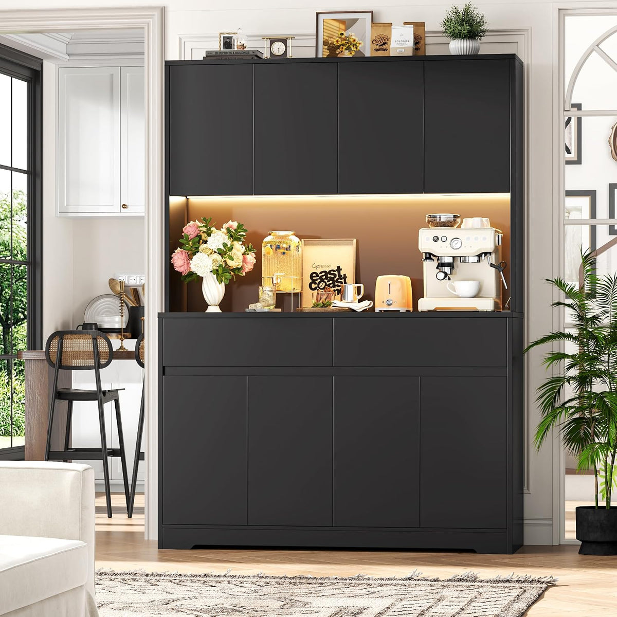 FINETONES 71" Tall Pantry Cabinet with LED Lights and Charging Station, 47.2" Wide Kitchen Pantry Storage Cabinet Kitchen Hutch with Microwave Stand, Tall Storage Cabinet for Living Room, Black