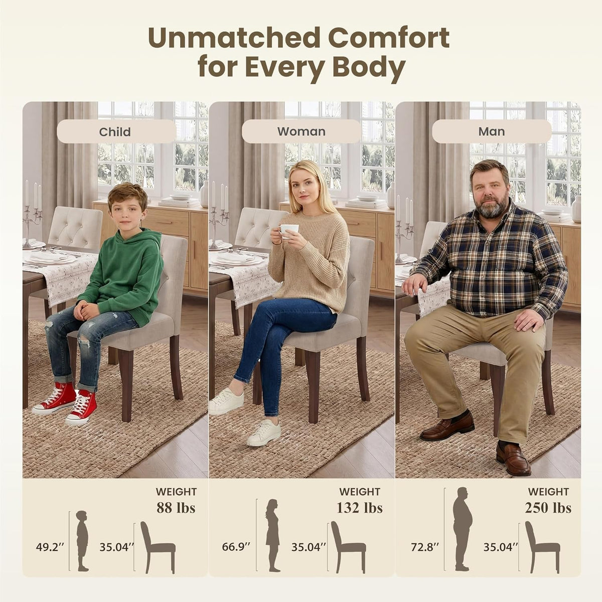 Upholstered Dining Chairs Set of 2, Modern Fabric Dining Chairs with Tufted Design, Kitchen Side Chairs, Farmhouse Dinner Chair with Wood Legs for Kitchen Restaurant Living Room, Beige
