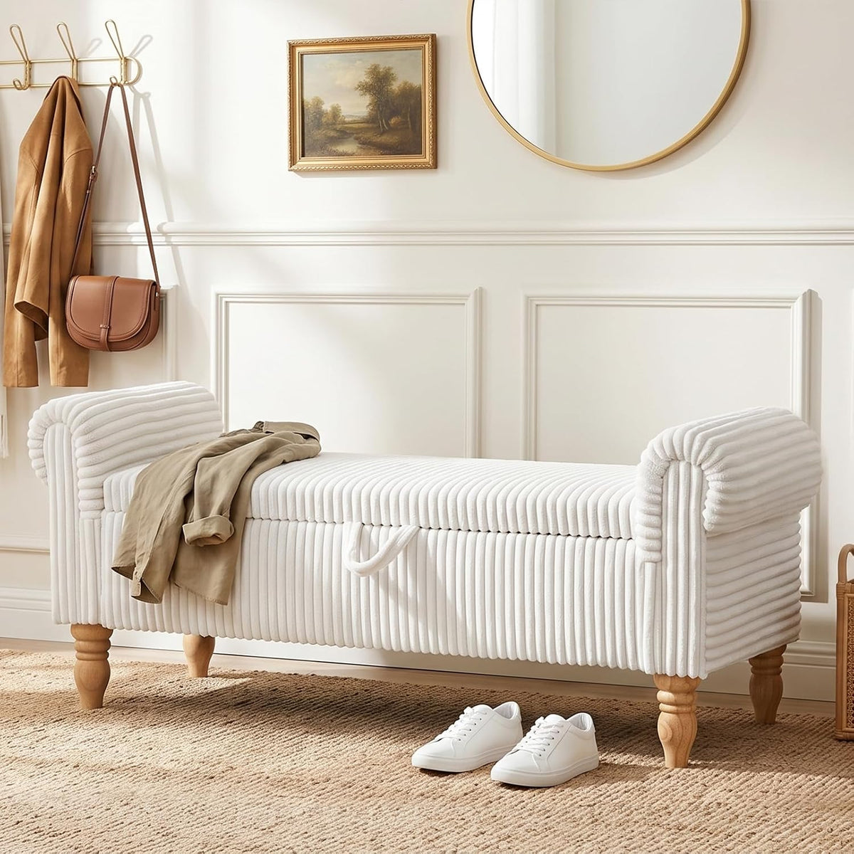 55" Storage Ottoman Bench, Corduroy End of Bed Bench for Bedroom, White | Upholstered Entryway Bench with Seating, Solid Wood Legs, Rolled Arm, for Bedroom Living Room Window Hallway, up to 285 lbs
