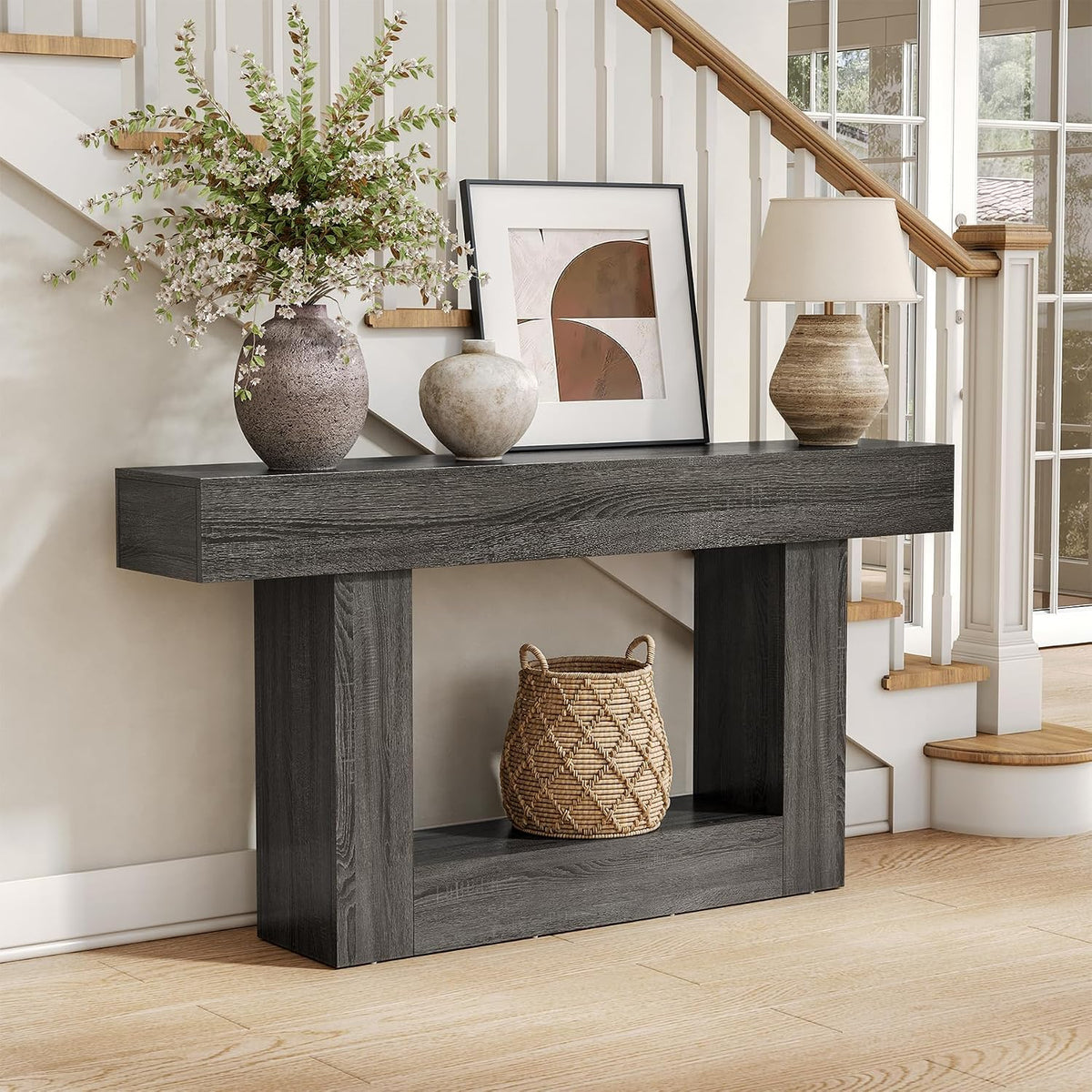 LITTLE TREE 63 Inches Long Console Table, 2-Tier Farmhouse Sofa Table Behind Couch, Large Narrow Entryway Table for Living Room, Wooden Hallway Foyer Table with Heavy Duty Base, Grey
