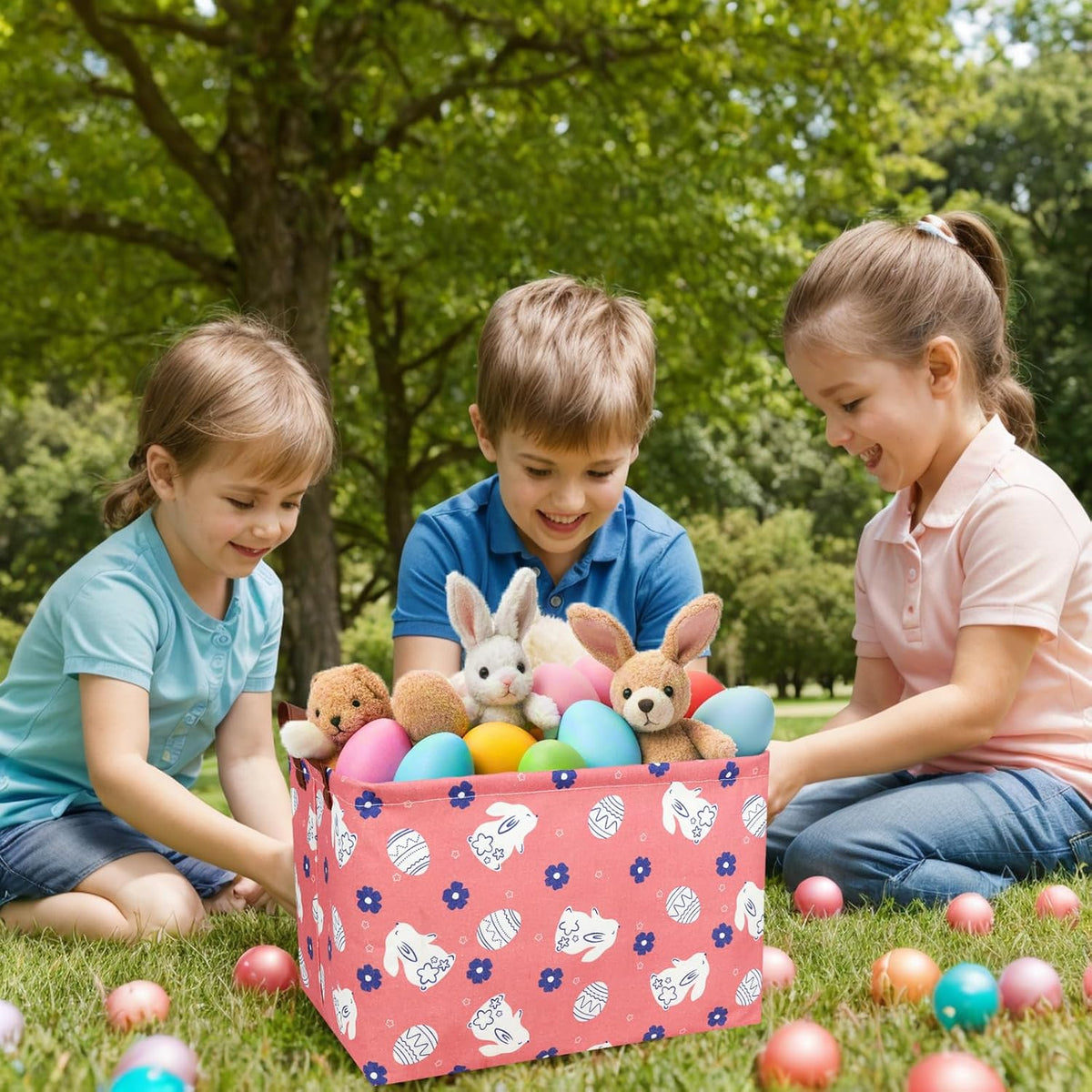 Large Rectangular Cute Kid Easter Basket Empty Bunny Eggs Easter Basket Gift Spring Room Storage Organizer Décor (Rabbit Pink Background)