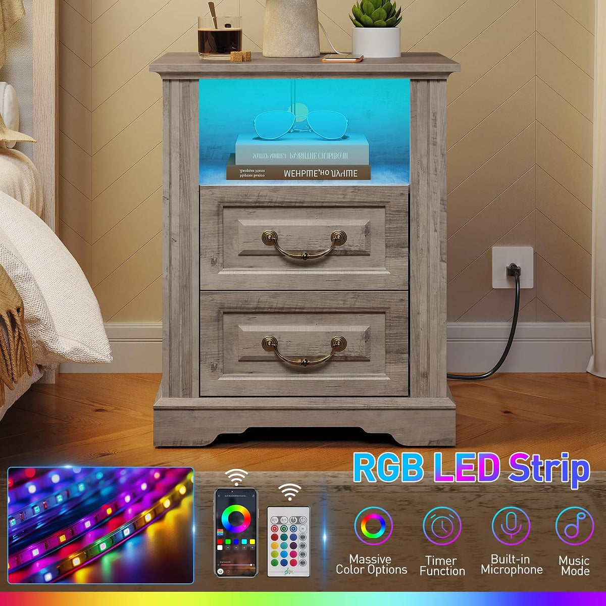 RALGEND Farmhouse Nightstand with Charging Station, Night Stand with 2 Drawers, End Tables Living Room, LED Bed Side Table with Open Shelf, End Table for Bedroom, Living Room, Greige