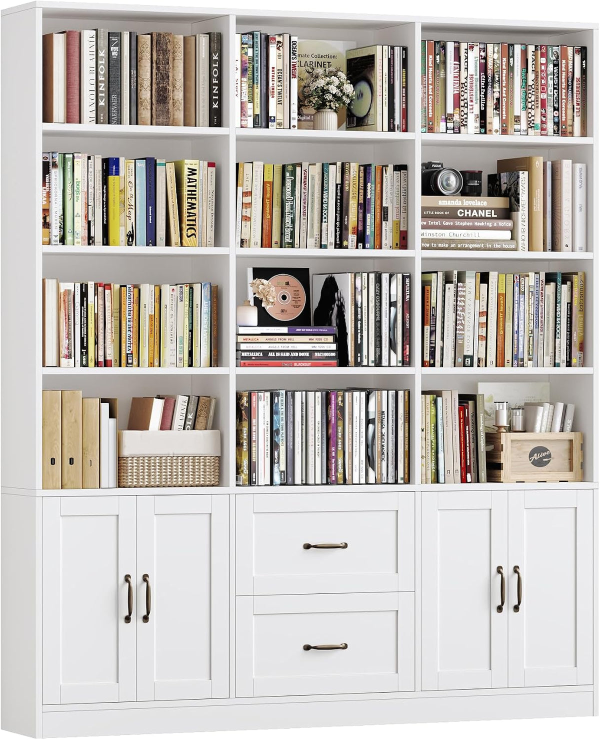 HOSTACK 71" Tall Triple Wide Bookshelf with Storage Drawers & Doors, White