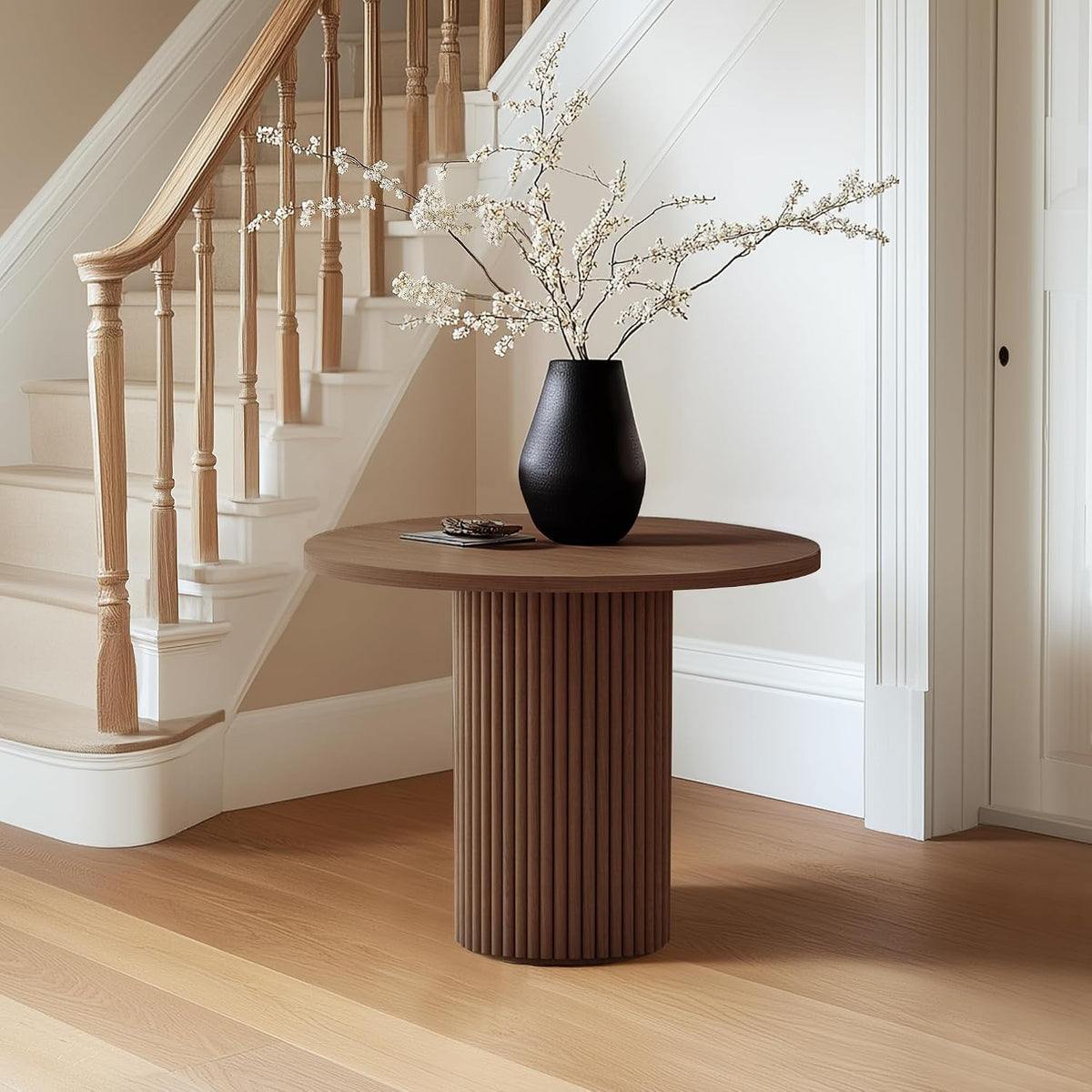 Modern Round Pedestal Dining Table with Solid Wood Base, 35'' Fluted Walnut Table for Kitchen or Small Dining Space