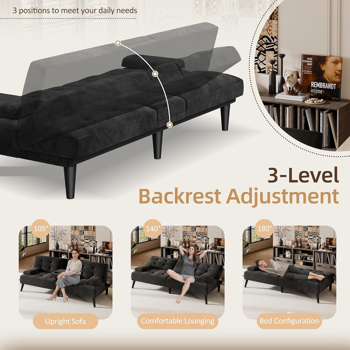 Shintenchi 64" Futon Sofa Bed, Velvet Foldable Couch, Upholstered Loveseat Sofa Couch with Folding Cup Holders, Reclining Sleeper with Removable Armrests for Home, Office, Black