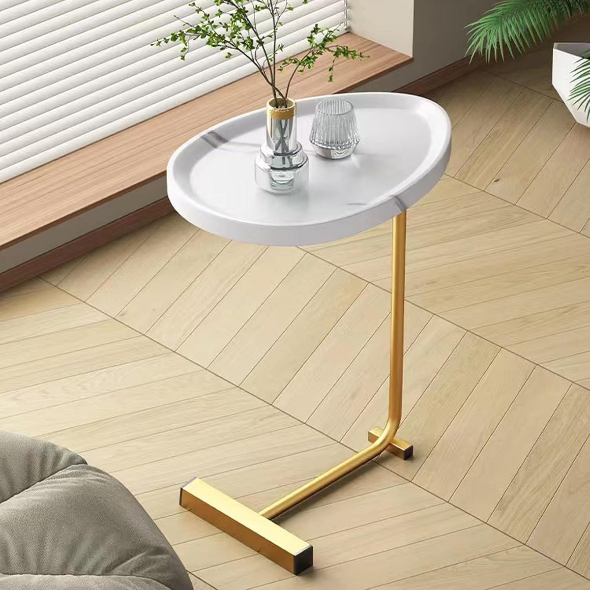 C-Shaped End Table, Small Side Table for Couch, Sofa Table with Metal Frame TV Tray Table for Living Room, Bedroom, Bedside, White, 2-Pieces