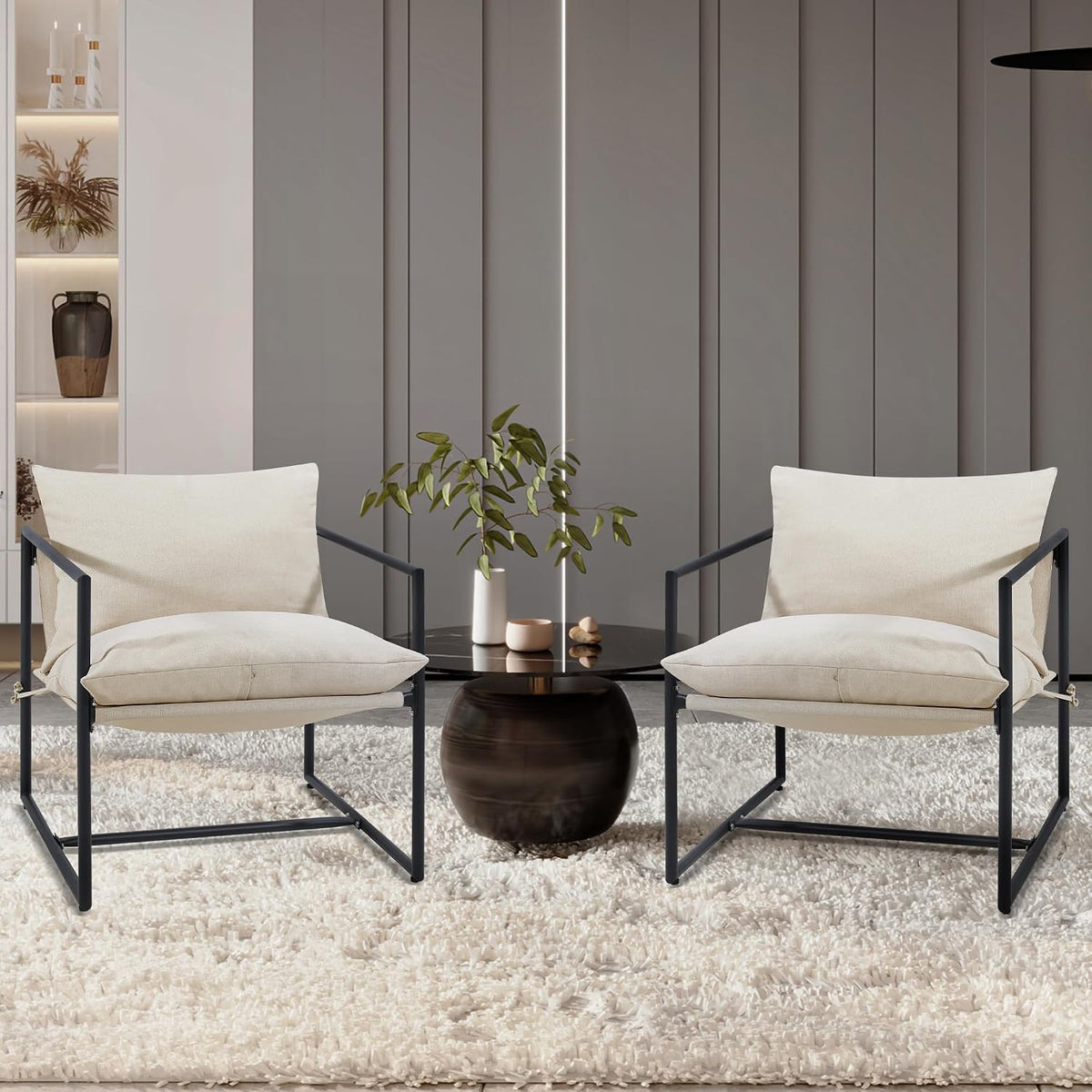 Kromax Sling Accent Chair, Set of 2, Cozy Living Room Chairs, Beige | Cozy Living Room Chairs, Square Metal Frame, Upholstered Soft Cushion, Sponge, 27.6"x27.6“x32.3, Easy Assembly