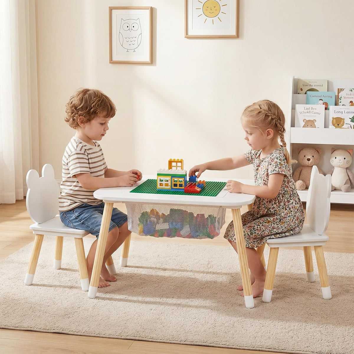 Olakids Kids Table and Chair Set, 4 in 1 Wooden Building Blocks Activity Desk with Reversible Tabletop Storage Basket, Toddler Furniture for Crafts Learning Dining