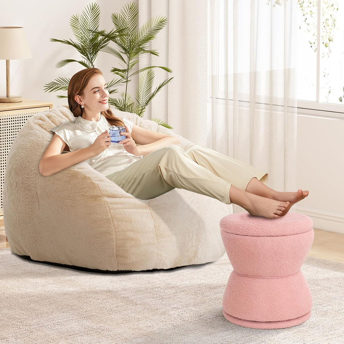 DHMAKER Round Storage Ottoman, Swivel Teddy Vanity Stool Chiar,Modern Sherpa Footstool, Makeup Chair Upholstered Footrest for Living Room, Bedroom, Entryway,Pink