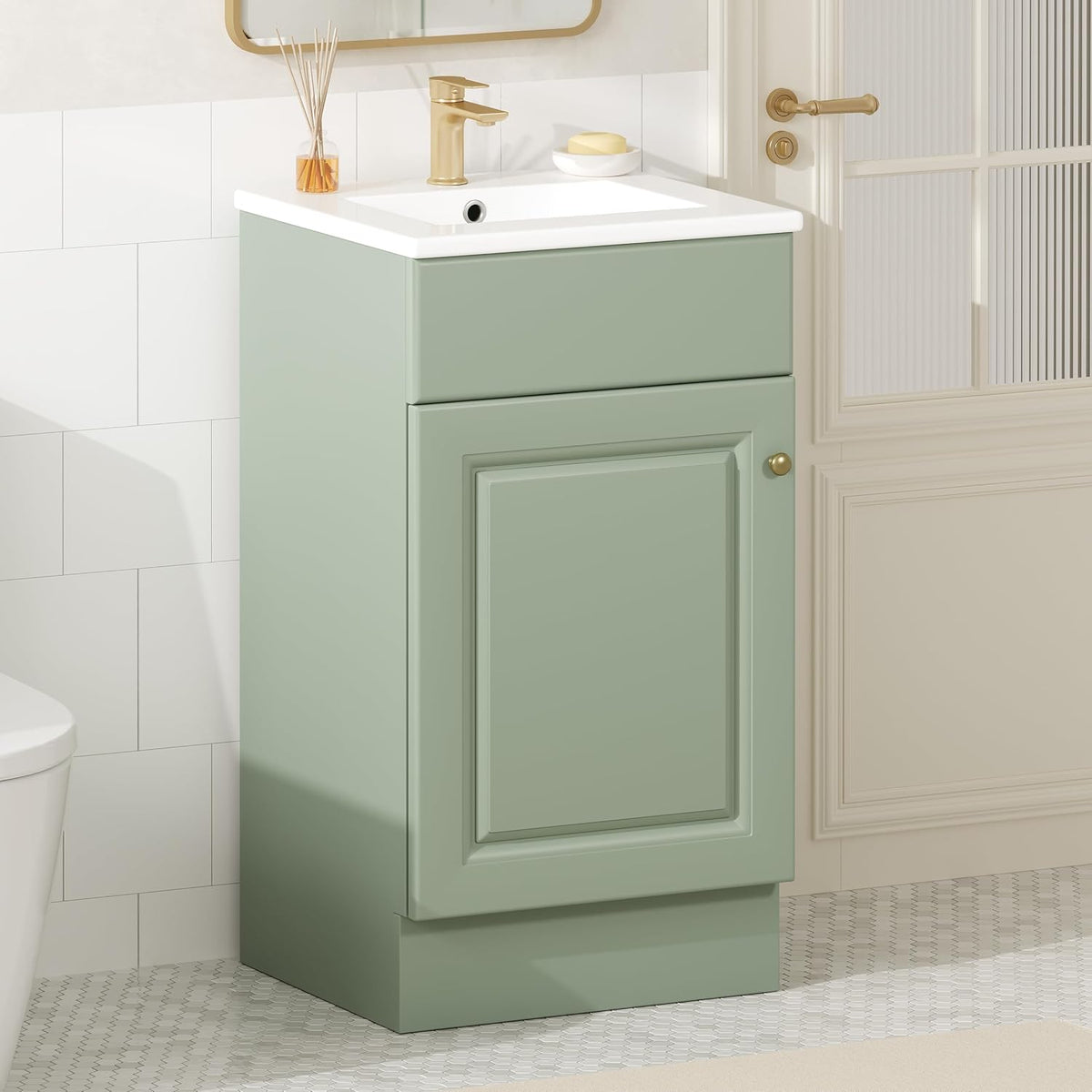 JIVOIT 18" Bathroom Vanity with Ceramic Sink, Vanity Cabinet with Door Shelf& Storage Rack & Adjustable Shelf, Soft Closing Door, Single Vanity Set for Small Bathroom