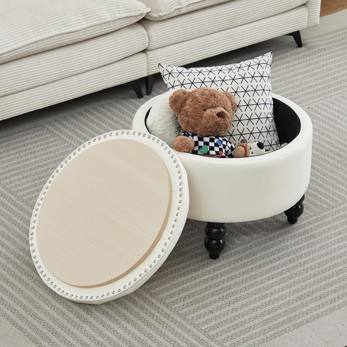 24 Inch Fabric Round Ottoman with Storage, Modern Upholstered Button Tufted Ottoman Coffee Table with Tray Lid, Circle Footstool with Storage for Living Room, Bedroom, White