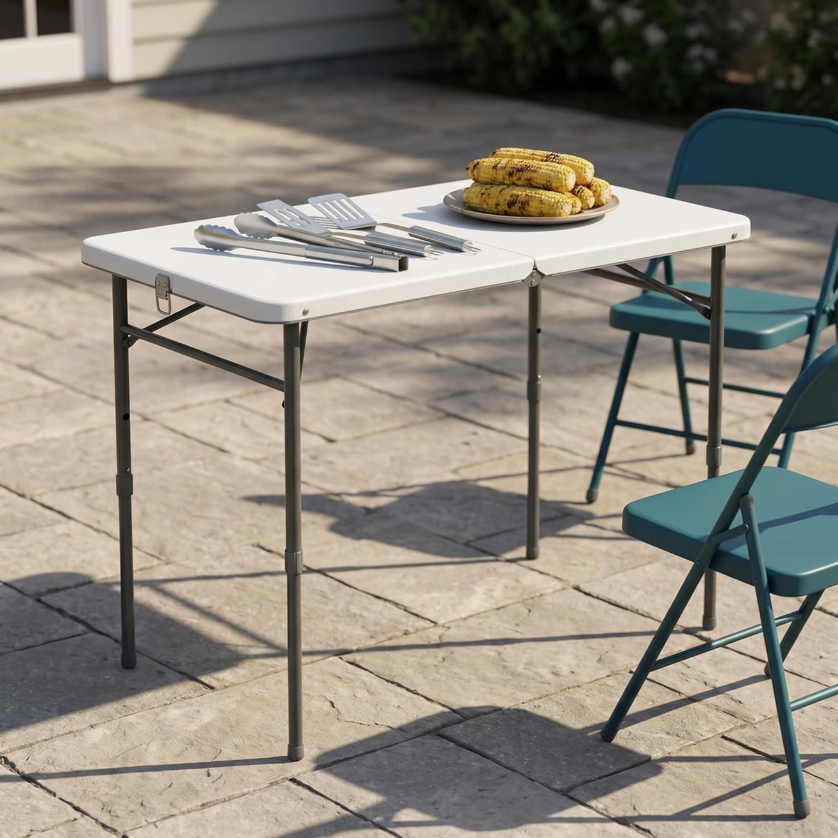 White 40" L x 20" W Plastic Adjustable Height Fold-in-Half Folding Table