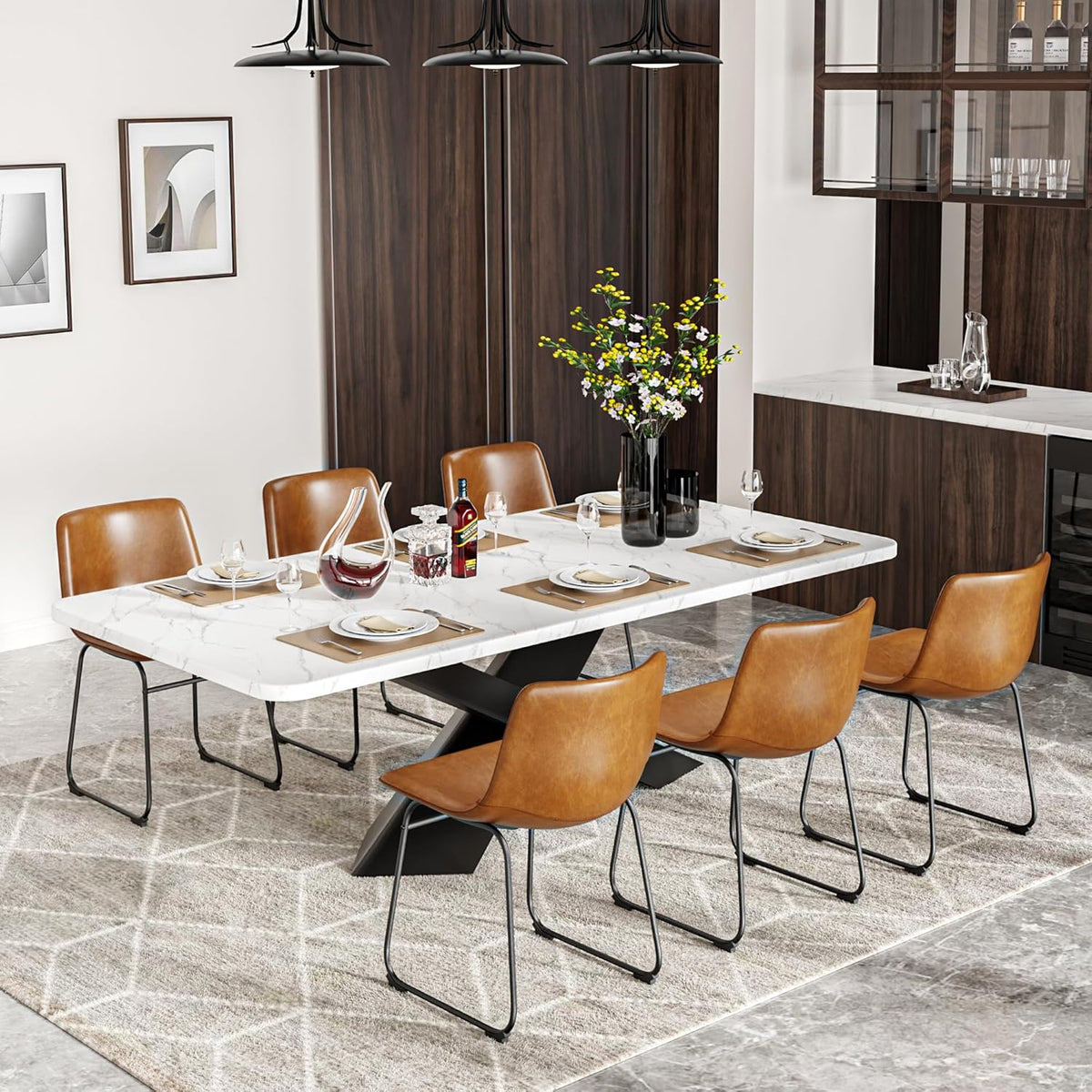 Dining Chairs Set of 8, 18 Inch Faux Leather Kitchen Chairs with Back, Modern Armless Dining Room Chair with Metal Legs for Home Bistro Coffee Shops (Brown)