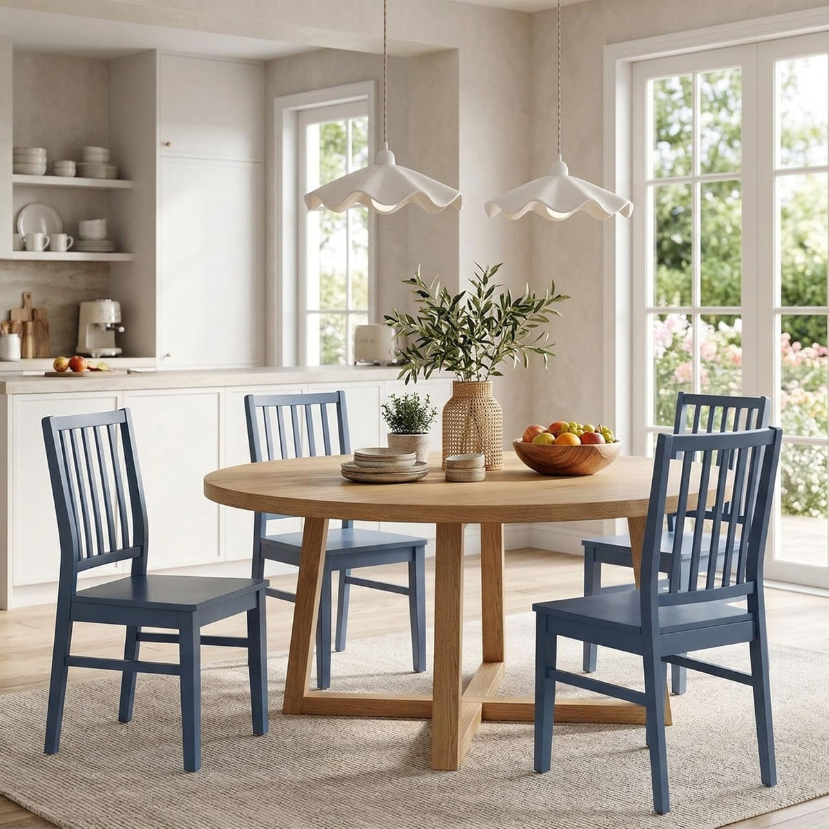 HNY Blue Wood Dining Chairs Set of 4, Farmhouse Kitchen Chairs with High Backrest and Wooden Legs, Armless Dining Side Chairs for Kitchen/Dining Room/Restaurant