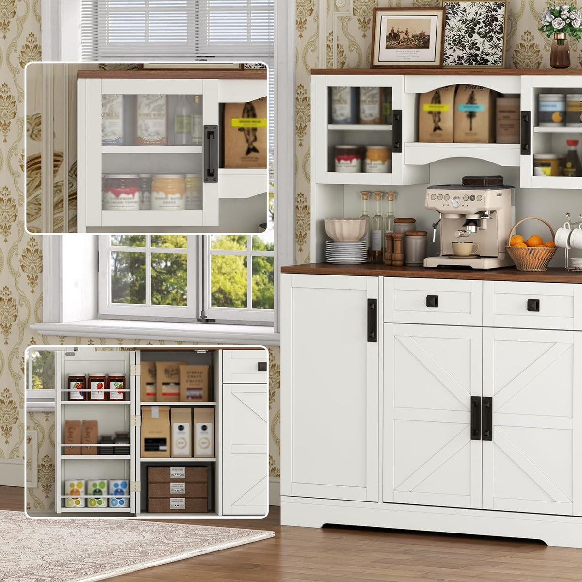Gyfimoie 60" Tall Farmhouse Kitchen Pantry Storage Cabinet,Kitchen Hutch with Microwave Stand,Freestanding Buffet Pantry Cabinet with Glass Door and Adjustable Shelves for Dining Room (White)