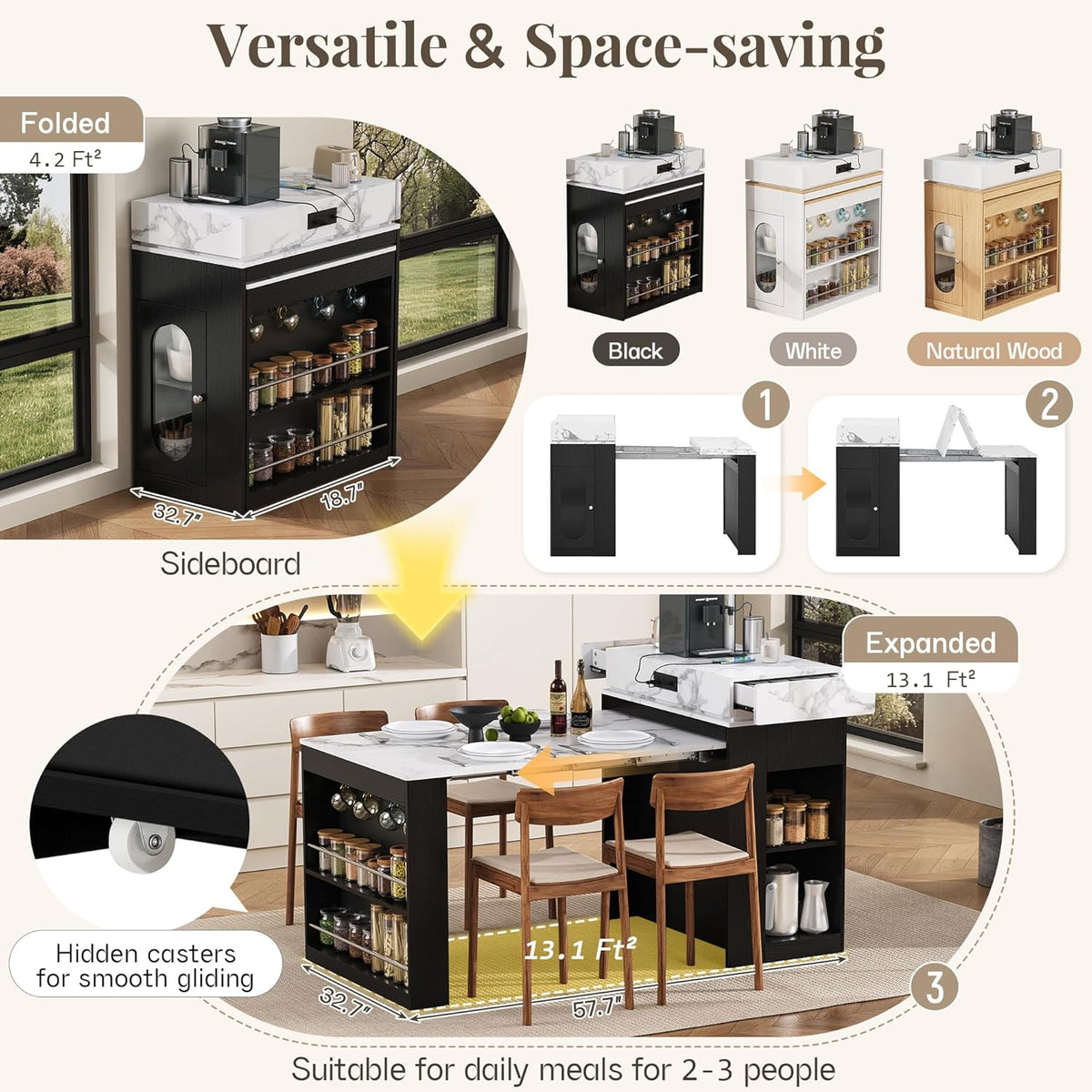 Extendable Dining Table with Folding Tabletop, Bar Table with Drawers and Power Outlet, Kitchen Island with Wheels and Hooks, Sideboard for Kitchen and Dining Room (Black+Marble White)