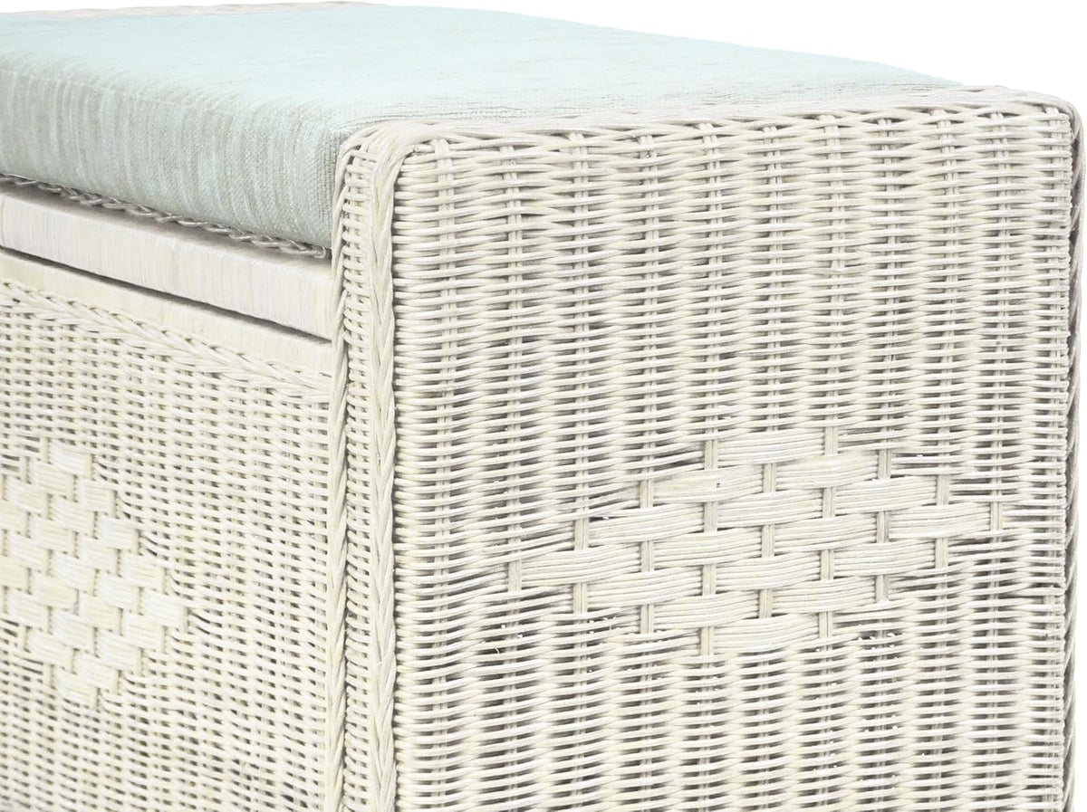 Bruno Handmade 32 Inch Rattan Wicker Chest Storage Trunk Organizer Ottoman W/Cushion White Color