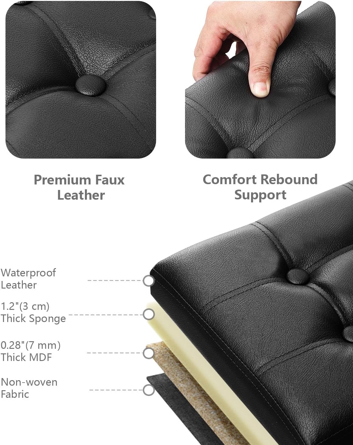 AmasSmile Footrest Ottoman Storage Bench,34" Leather Folding Chest,Black | Large Ottoman with Storage,Thicker Foam Padded Seat,Livingroom,Dorm,Bedroom,Entryway,Easy to install,34 x 13 x 13in