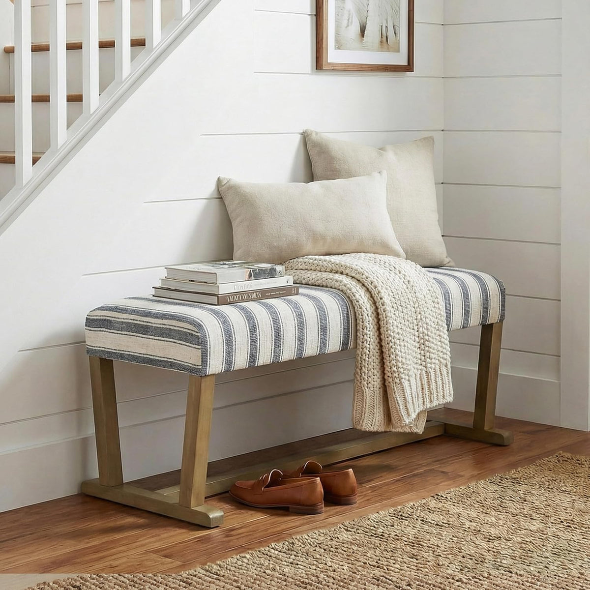 VKNOW 41" Upholstered Entryway Bench, End of Bed Bench with Cushion and Rubber Wood, Kitchen Dining Bench, Striped Bench for Dining Table, Bedroom, Living Room, Grey