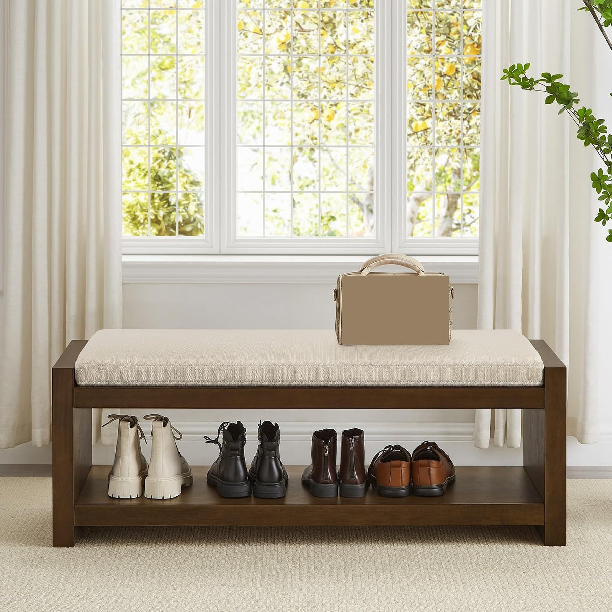 Modern Compact Bed End Bench, Accent Bench with Lower Shelf Shoe Rack, for Living Room Entryway