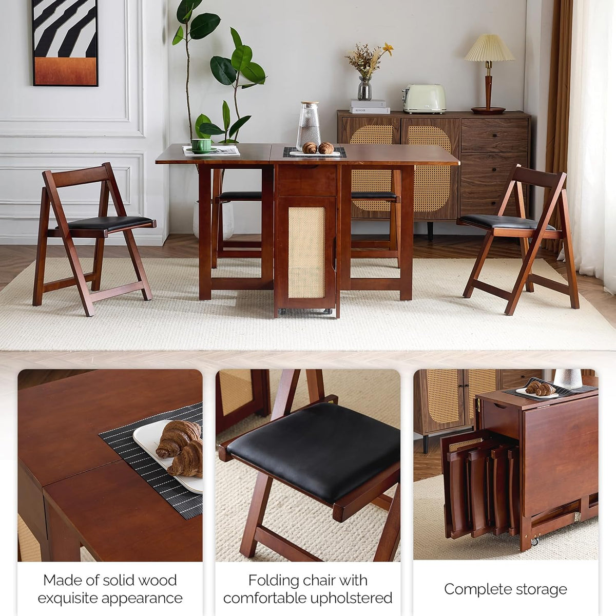 VINGLI 5-Piece Folding Dining Table Set, Extendable Drop Leaf Solid Wood Table with 4 Chairs, Drawers & Wheels, Space-Saving Design for Kitchen, Walnut